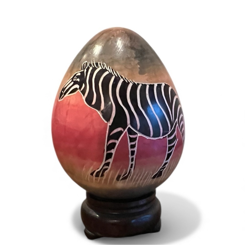 Hand Painted Soapstone Egg African Wildlife Mural Scene Zebra‎ Trees